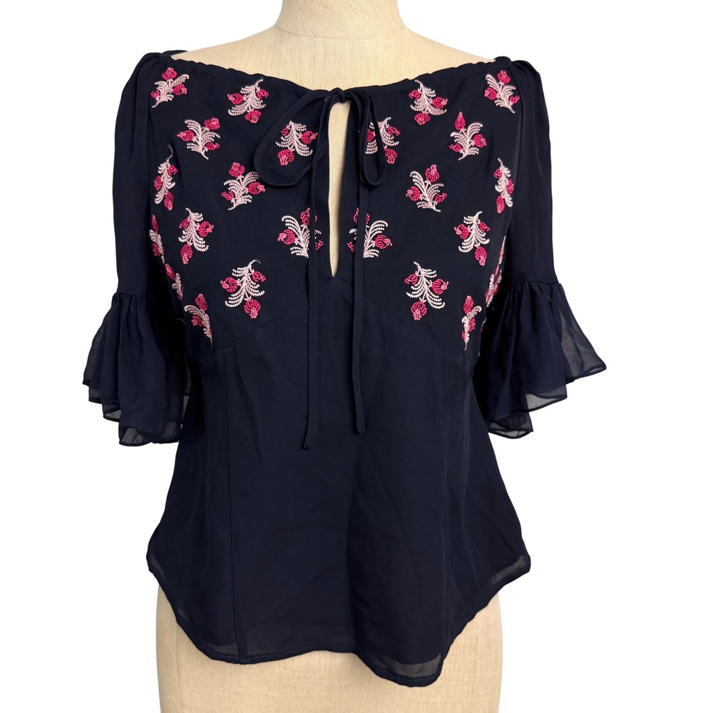 NEW Cinq a Sept Daria Silk Top Navy Pink Floral‎ Beaded Ruffle Sleeve XS